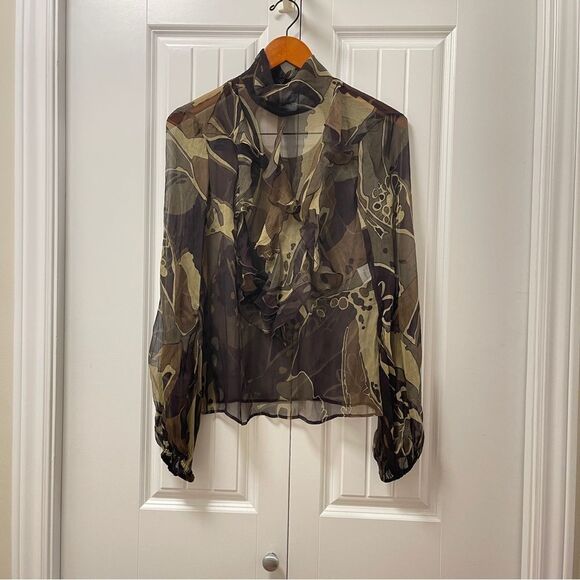 Escada Olive Multicolour 100% Silk Ruffle Blouse - EU 34 - Picture 3 of 16
